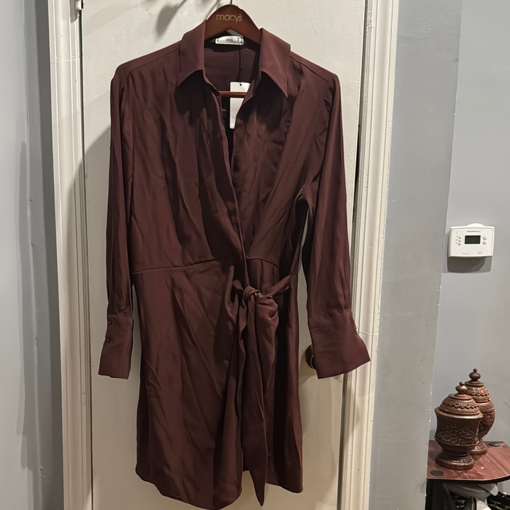 Mango Brown Wrap Tie Front Dress